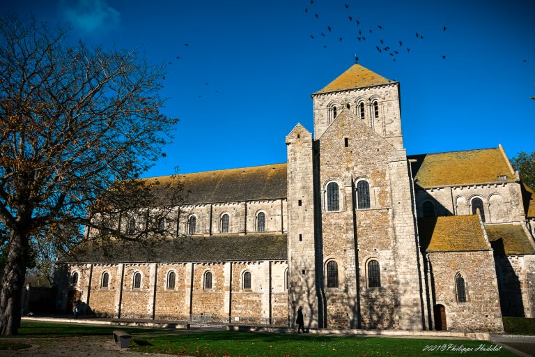 Vue de l'Abbaye de la Sainte-Trinité de Lessay, son architecture romane et son cadre naturel.